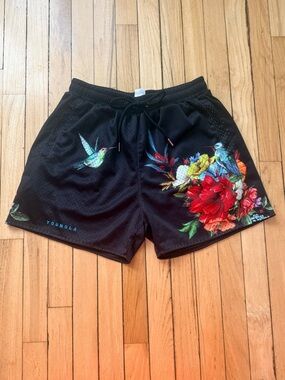 YoungLA Black Athletic Shorts with Colorful Floral & Hummingbird Print